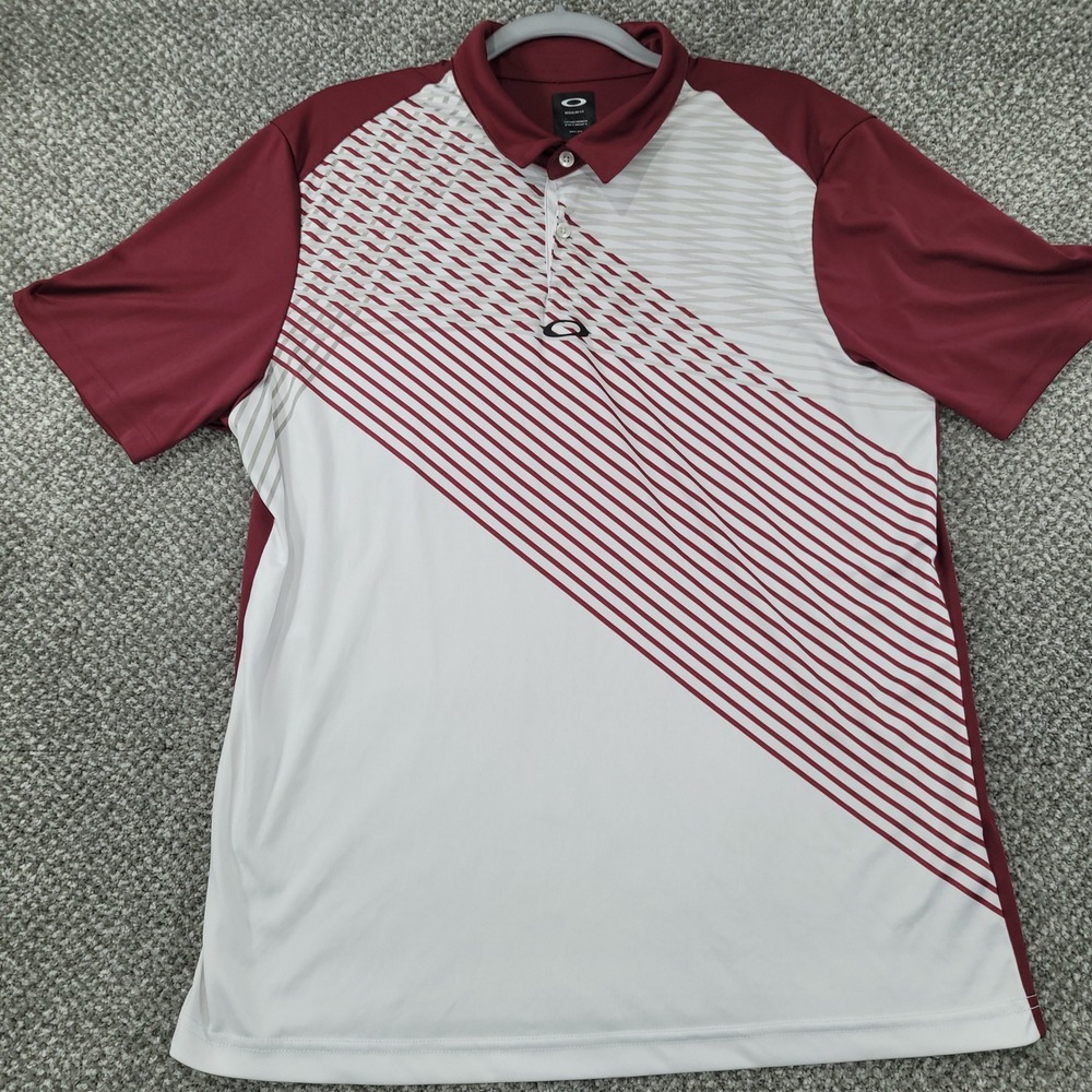 Oakley Mens Large Burgundy White Geometric Stripe Golf Polo Shirt Regular Fit
